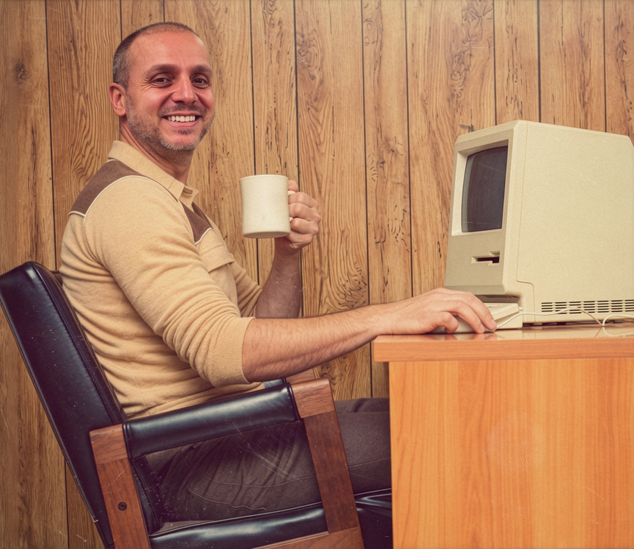 Chris smiling with a coffee mug beside a vintage computer